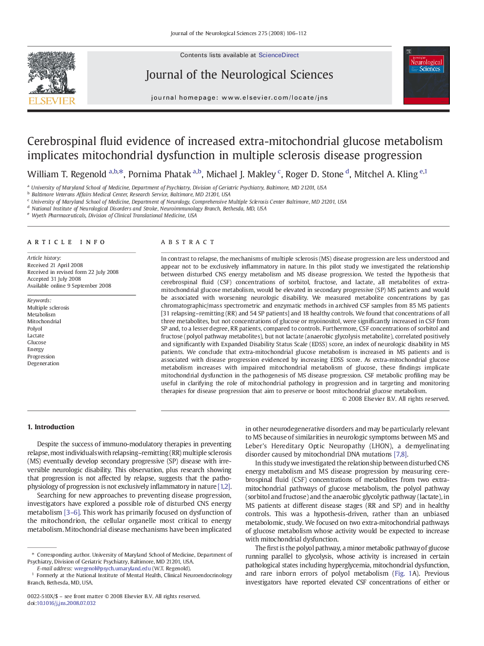 Cerebrospinal fluid evidence of increased extra-mitochondrial glucose metabolism implicates mitochondrial dysfunction in multiple sclerosis disease progression