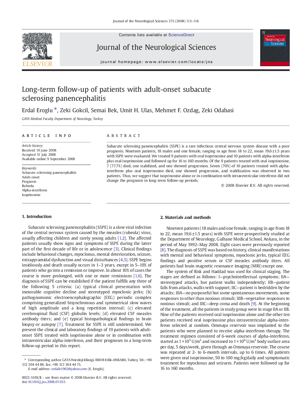 Long-term follow-up of patients with adult-onset subacute sclerosing panencephalitis