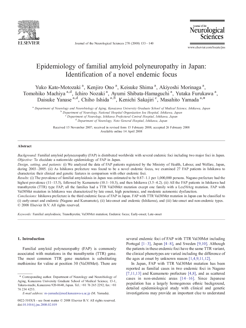 Epidemiology of familial amyloid polyneuropathy in Japan: Identification of a novel endemic focus