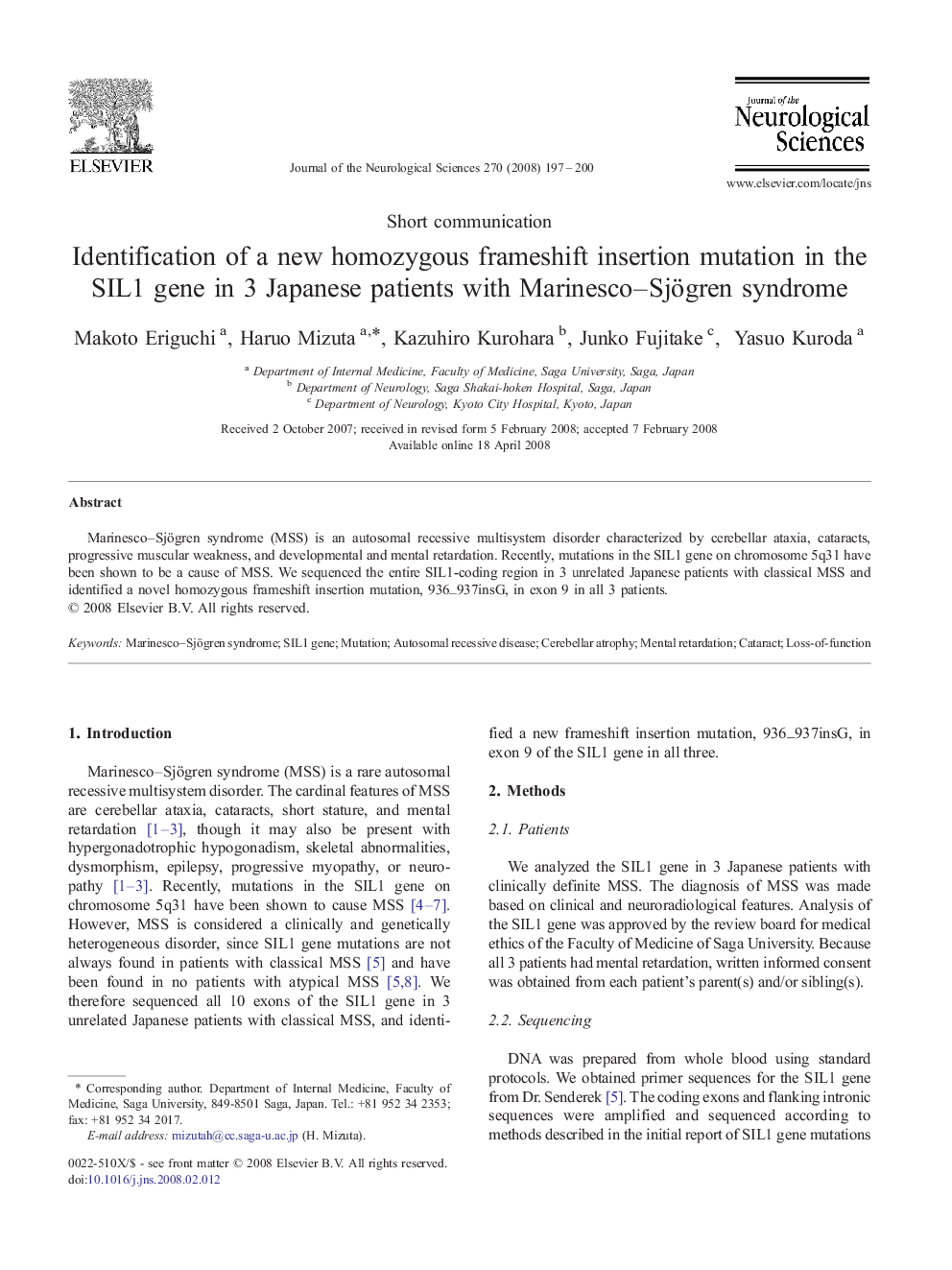 Identification of a new homozygous frameshift insertion mutation in the SIL1 gene in 3 Japanese patients with Marinesco-Sjögren syndrome