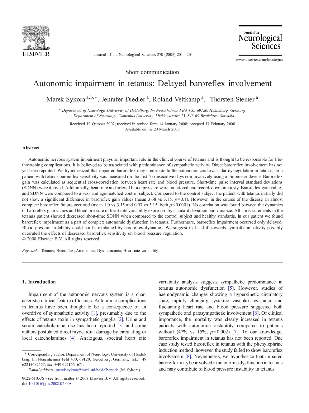 Autonomic impairment in tetanus: Delayed baroreflex involvement