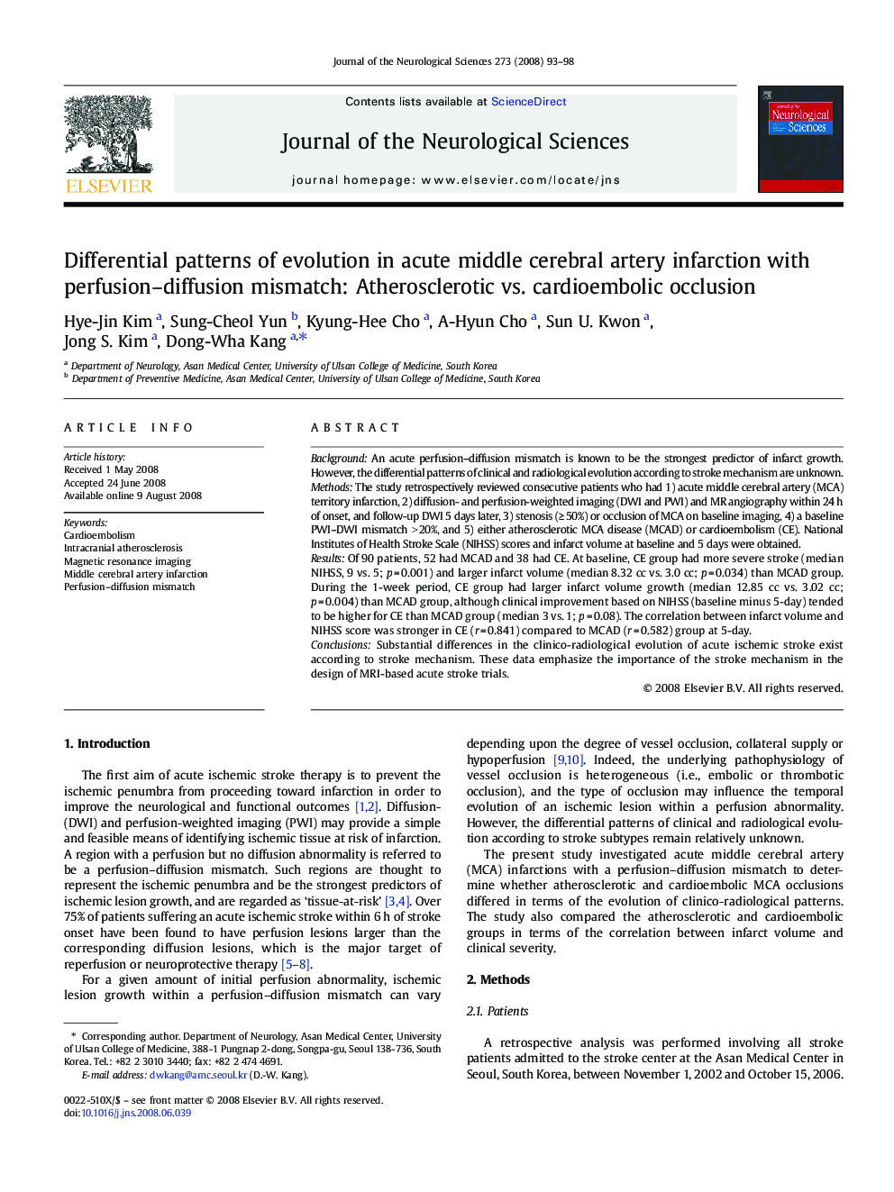 Differential patterns of evolution in acute middle cerebral artery infarction with perfusion–diffusion mismatch: Atherosclerotic vs. cardioembolic occlusion