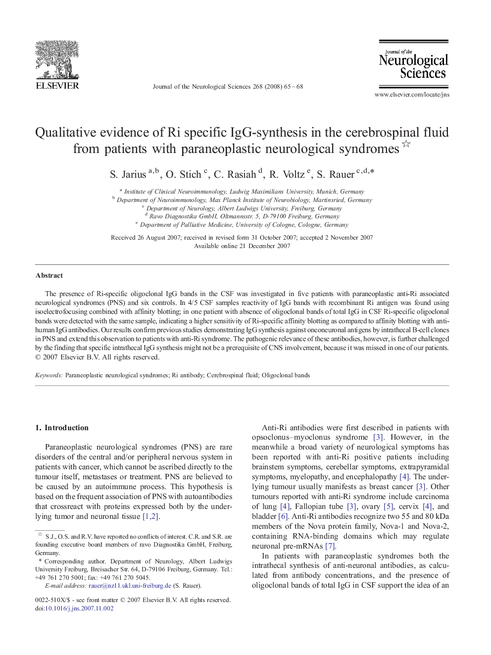 Qualitative evidence of Ri specific IgG-synthesis in the cerebrospinal fluid from patients with paraneoplastic neurological syndromes 