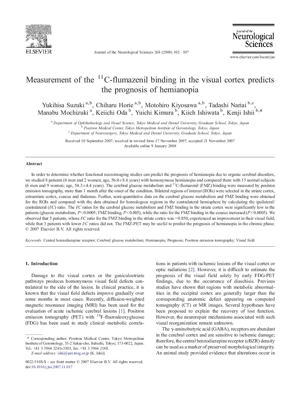 Measurement of the 11C-flumazenil binding in the visual cortex predicts the prognosis of hemianopia