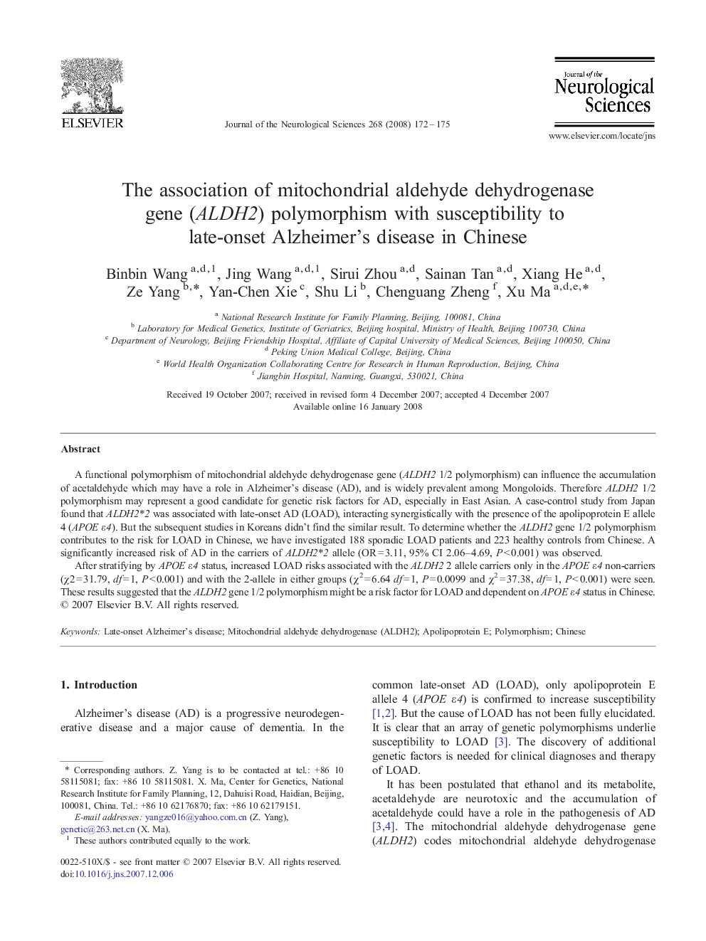 The association of mitochondrial aldehyde dehydrogenase gene (ALDH2) polymorphism with susceptibility to late-onset Alzheimer's disease in Chinese