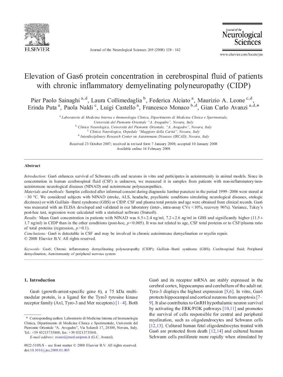 Elevation of Gas6 protein concentration in cerebrospinal fluid of patients with chronic inflammatory demyelinating polyneuropathy (CIDP)