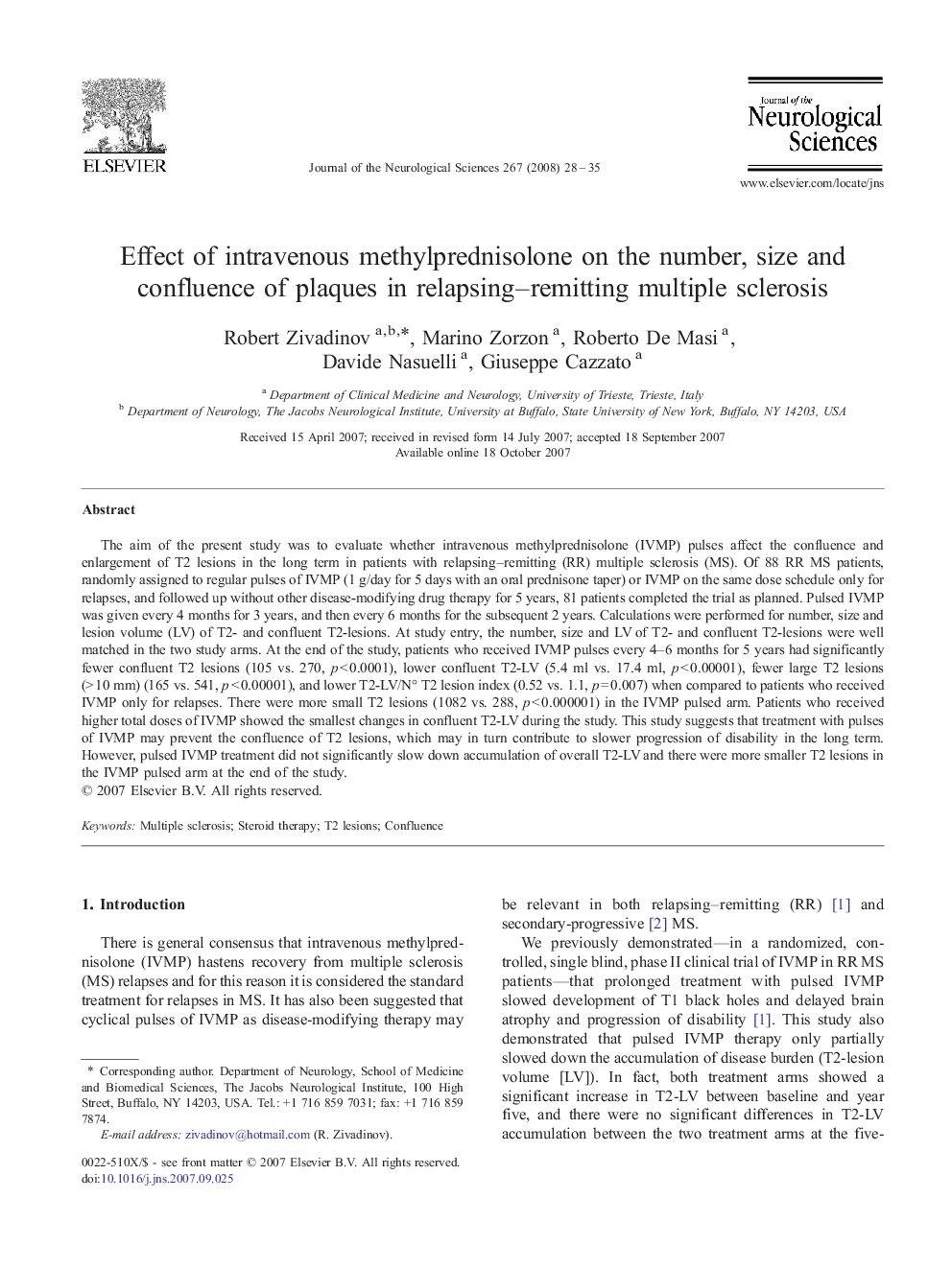 Effect of intravenous methylprednisolone on the number, size and confluence of plaques in relapsing–remitting multiple sclerosis