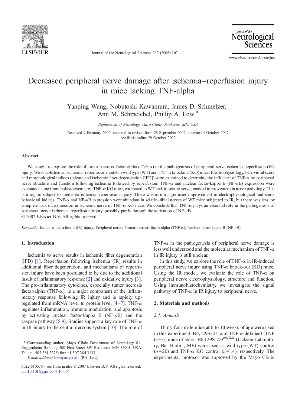 Decreased peripheral nerve damage after ischemia-reperfusion injury in mice lacking TNF-alpha