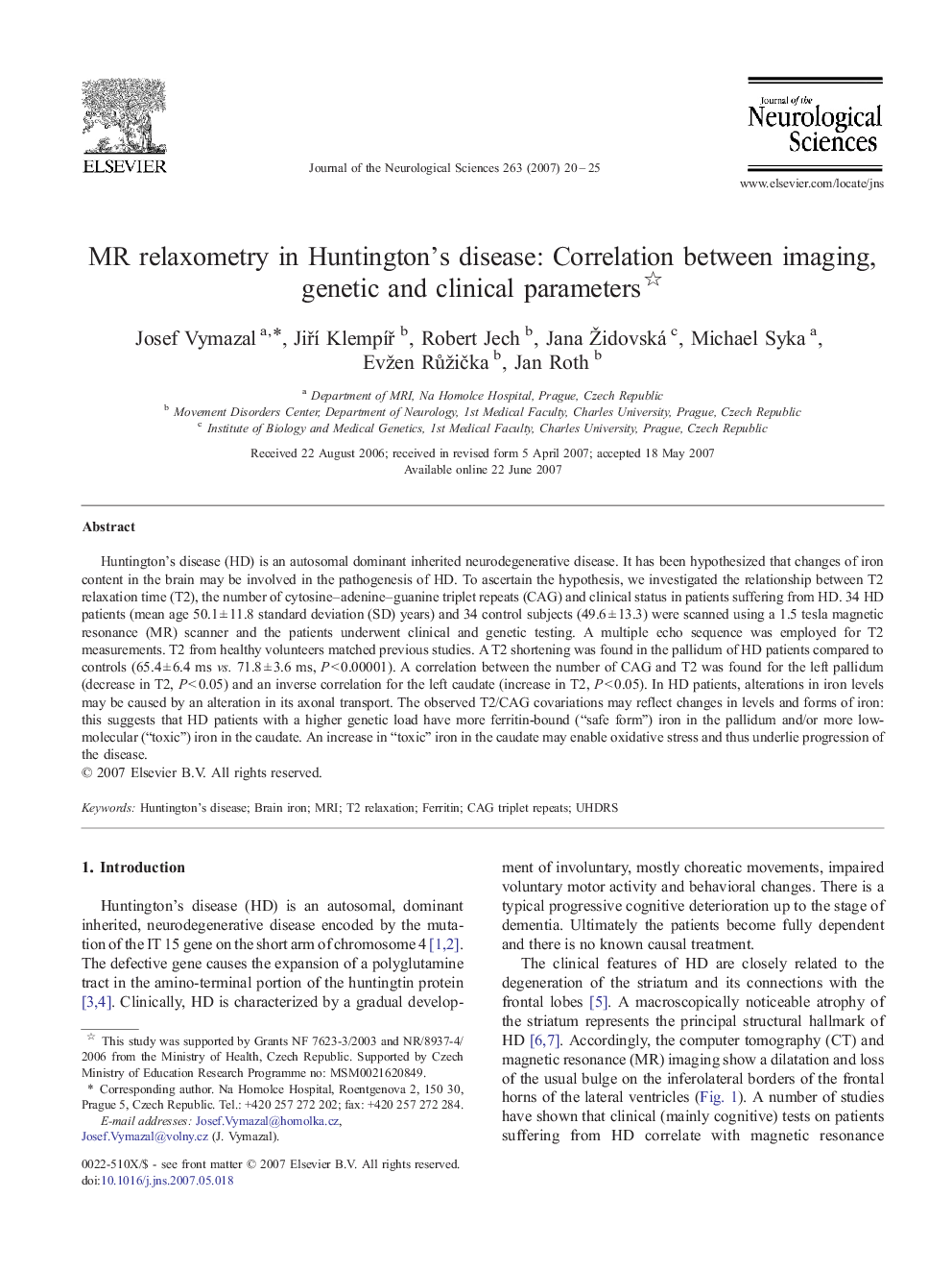 MR relaxometry in Huntington's disease: Correlation between imaging, genetic and clinical parameters 