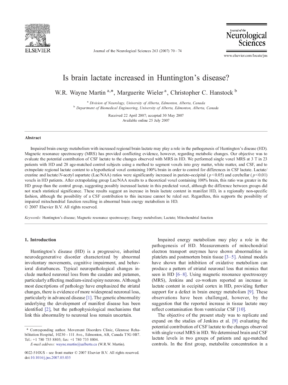 Is brain lactate increased in Huntington's disease?