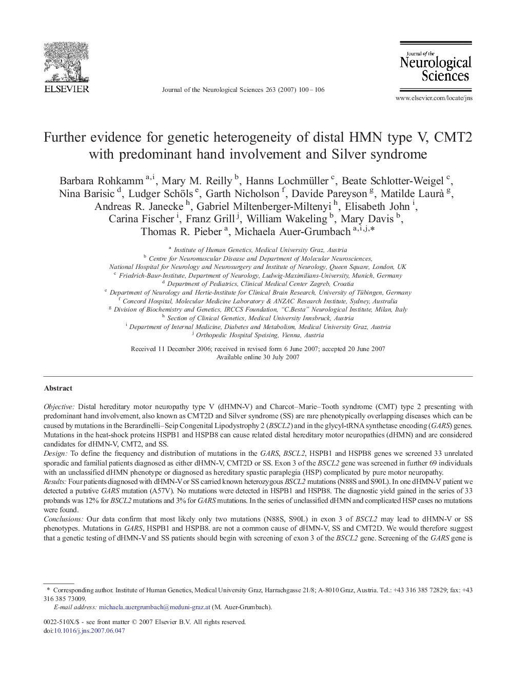 Further evidence for genetic heterogeneity of distal HMN type V, CMT2 with predominant hand involvement and Silver syndrome