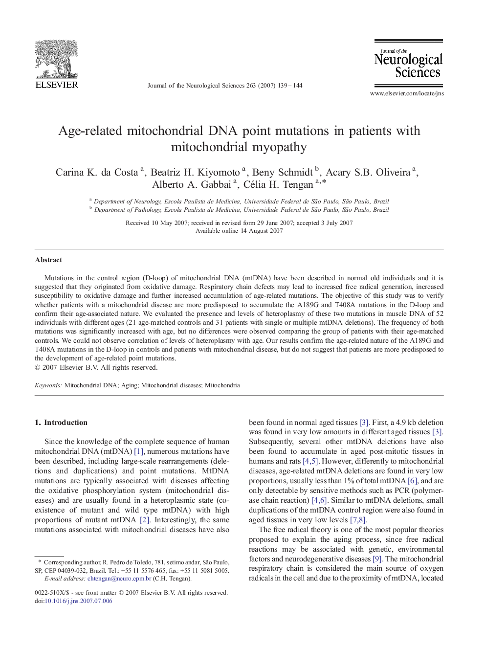 Age-related mitochondrial DNA point mutations in patients with mitochondrial myopathy