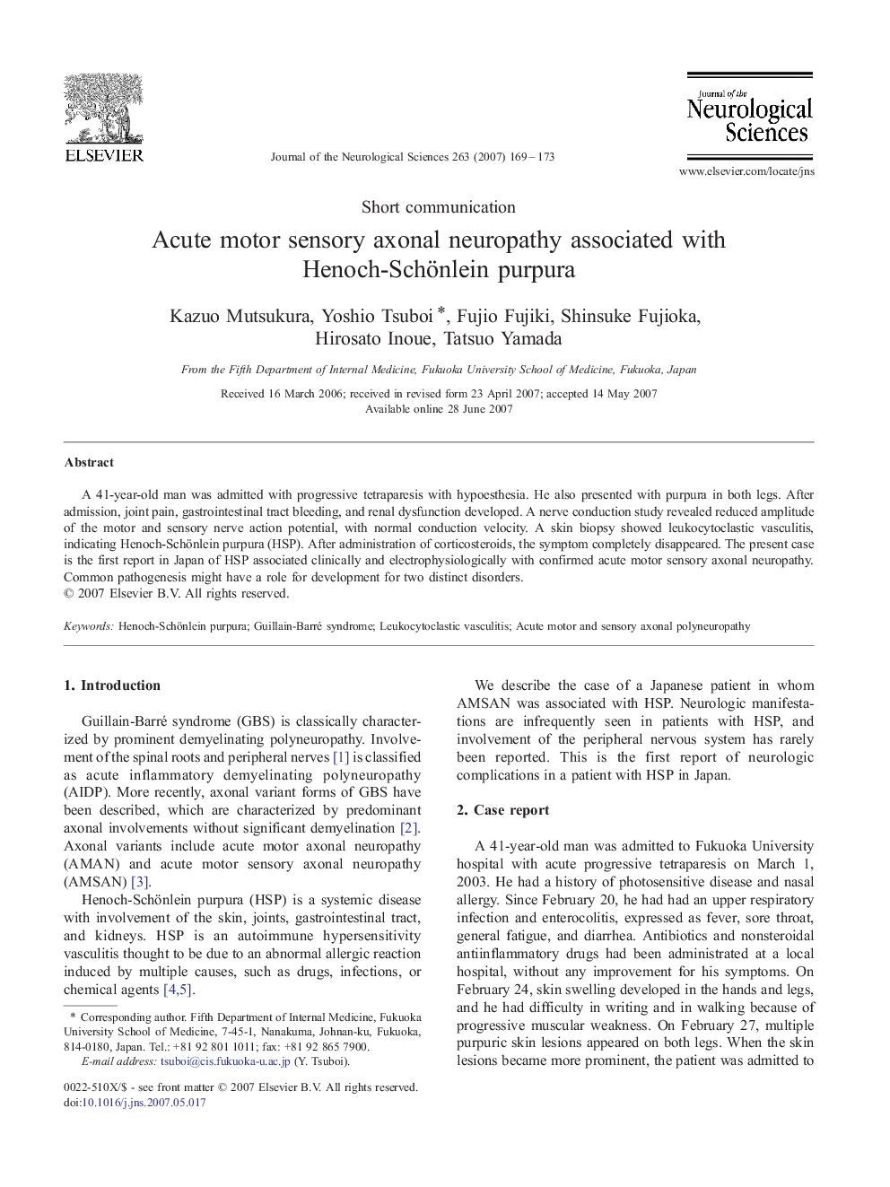 Acute motor sensory axonal neuropathy associated with Henoch-Schönlein purpura