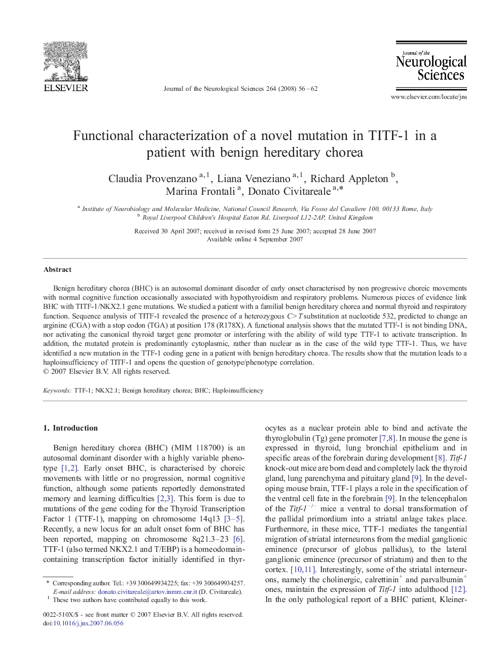 Functional characterization of a novel mutation in TITF-1 in a patient with benign hereditary chorea