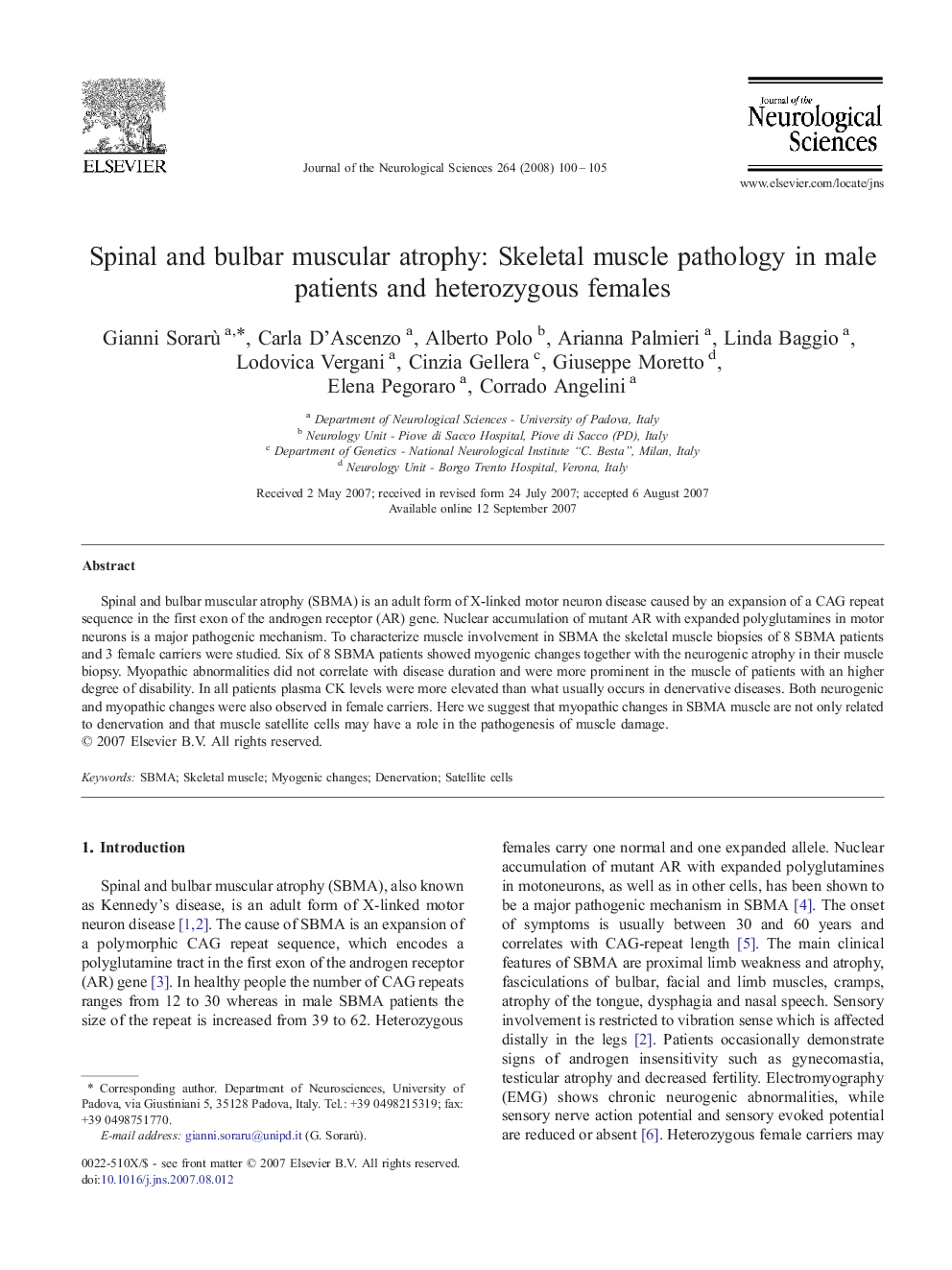 Spinal and bulbar muscular atrophy: Skeletal muscle pathology in male patients and heterozygous females