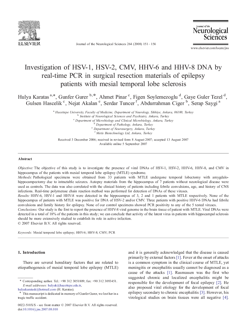 Investigation of HSV-1, HSV-2, CMV, HHV-6 and HHV-8 DNA by real-time PCR in surgical resection materials of epilepsy patients with mesial temporal lobe sclerosis