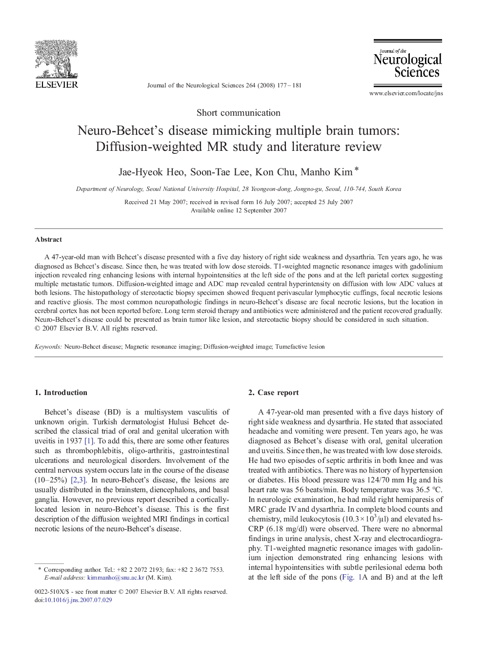 Neuro-Behcet's disease mimicking multiple brain tumors: Diffusion-weighted MR study and literature review