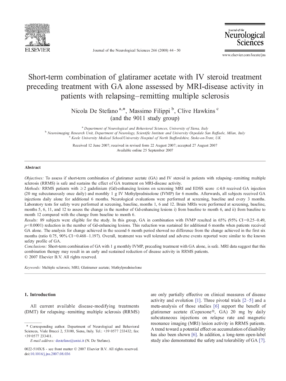 Short-term combination of glatiramer acetate with IV steroid treatment preceding treatment with GA alone assessed by MRI-disease activity in patients with relapsing–remitting multiple sclerosis