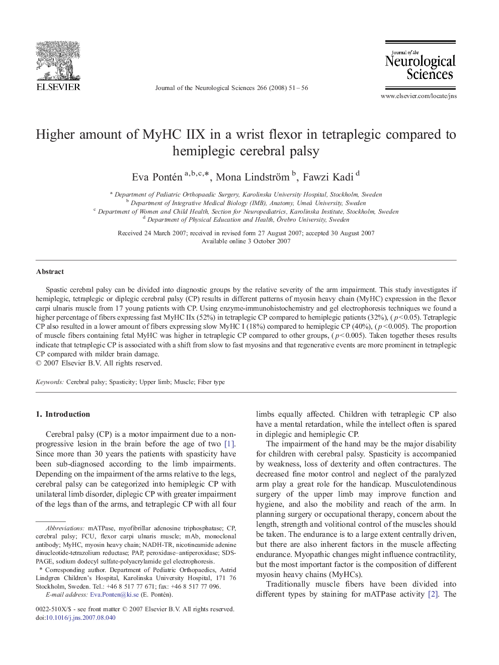 Higher amount of MyHC IIX in a wrist flexor in tetraplegic compared to hemiplegic cerebral palsy