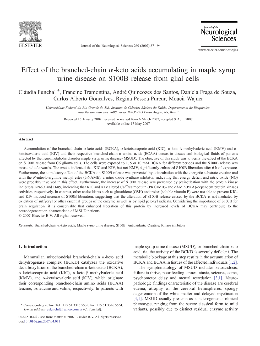 Effect of the branched-chain α-keto acids accumulating in maple syrup urine disease on S100B release from glial cells