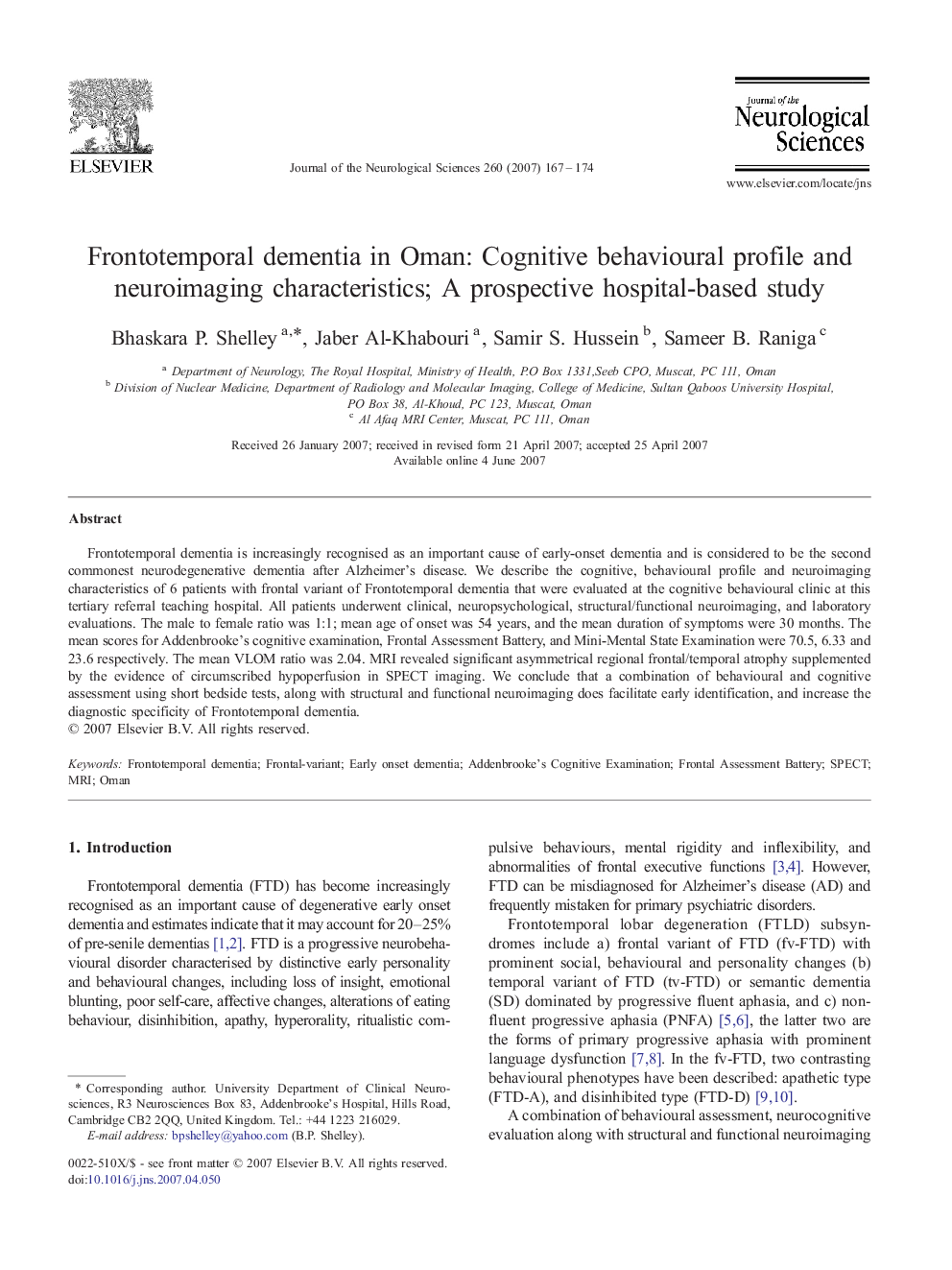 Frontotemporal dementia in Oman: Cognitive behavioural profile and neuroimaging characteristics; A prospective hospital-based study