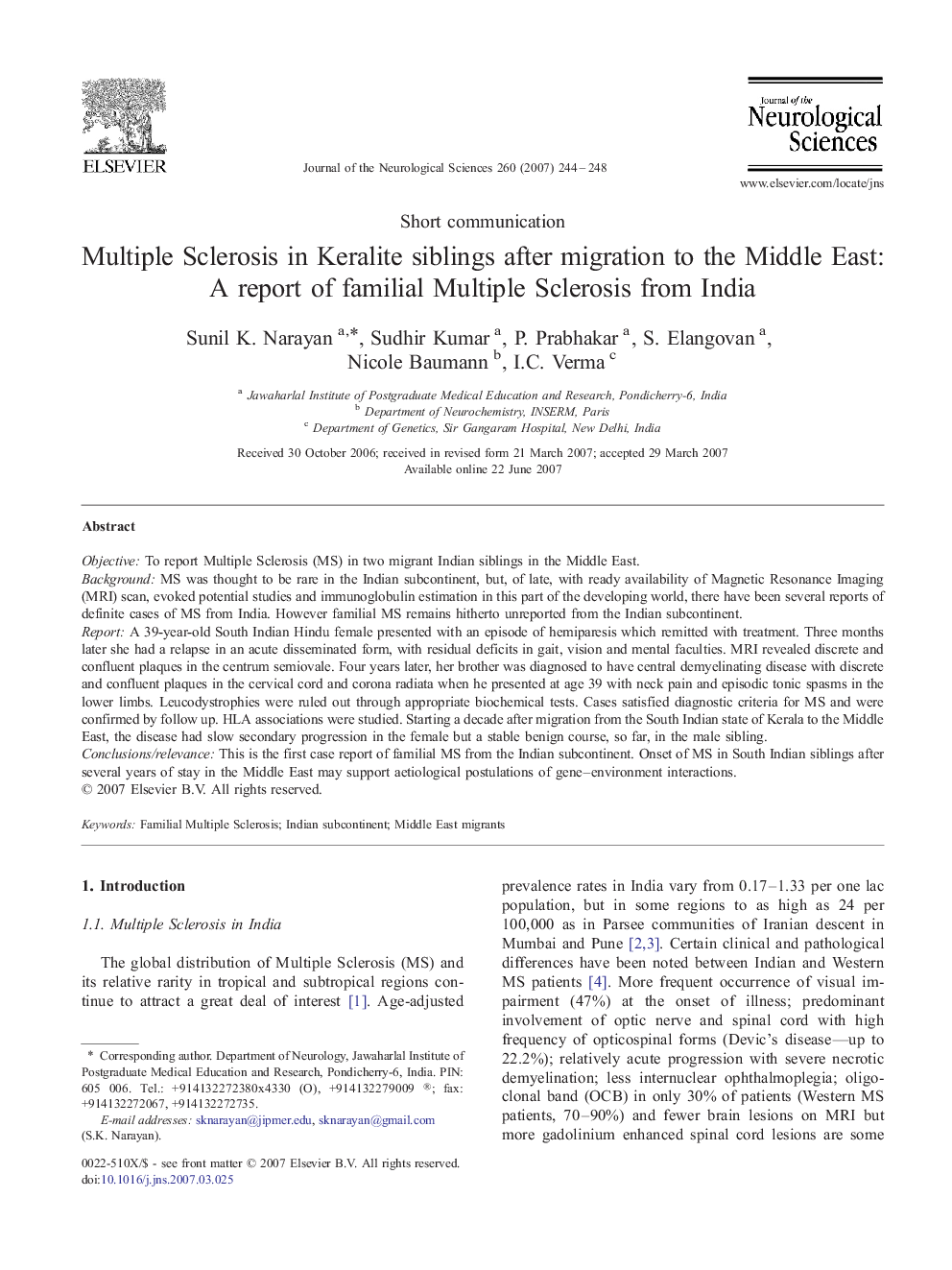 Multiple Sclerosis in Keralite siblings after migration to the Middle East: A report of familial Multiple Sclerosis from India