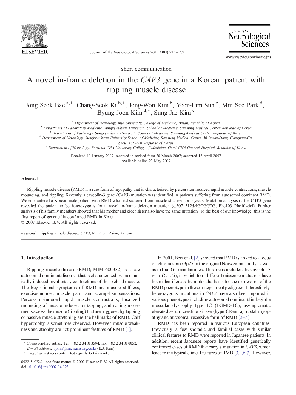 A novel in-frame deletion in the CAV3 gene in a Korean patient with rippling muscle disease