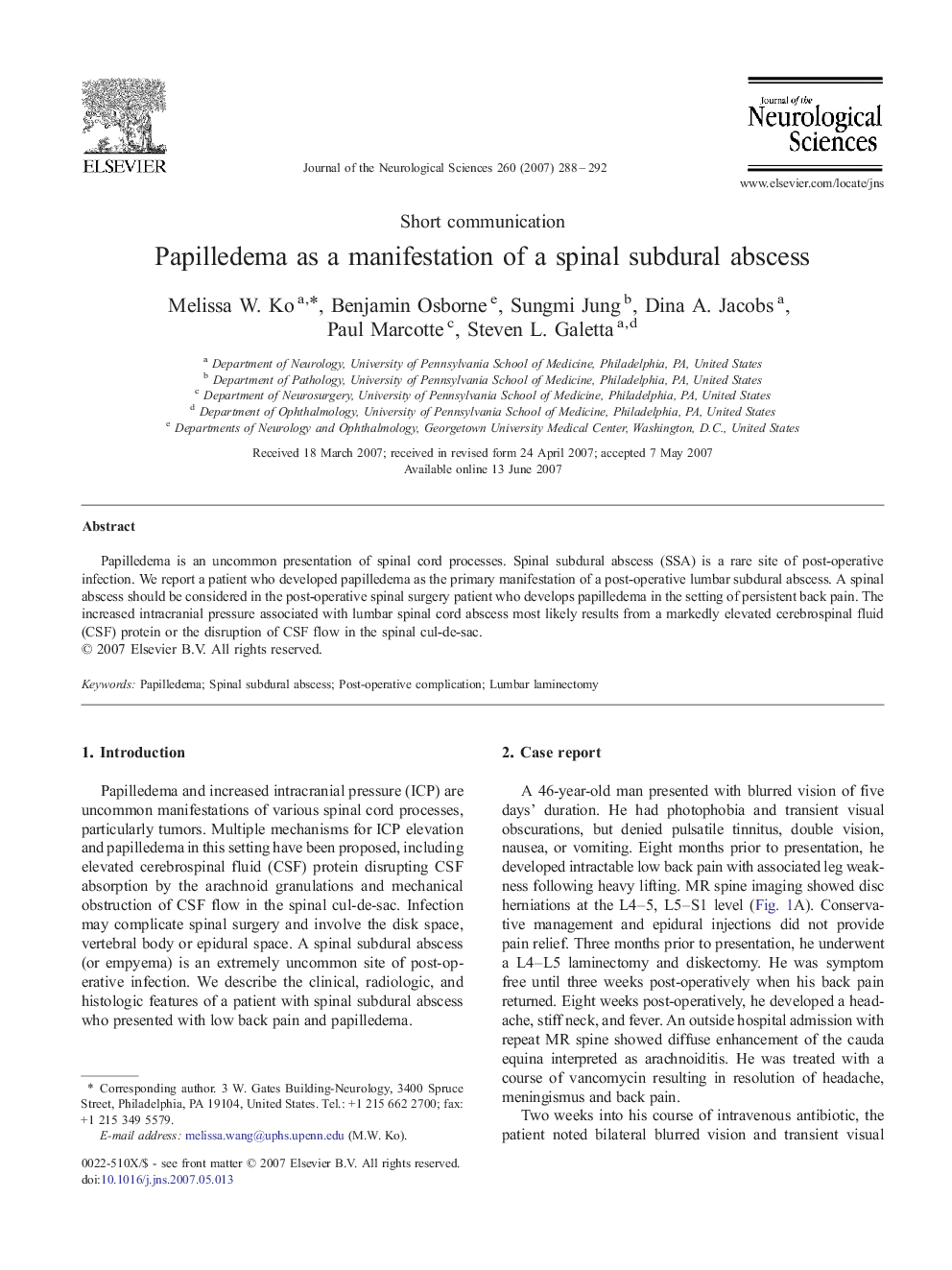 Papilledema as a manifestation of a spinal subdural abscess