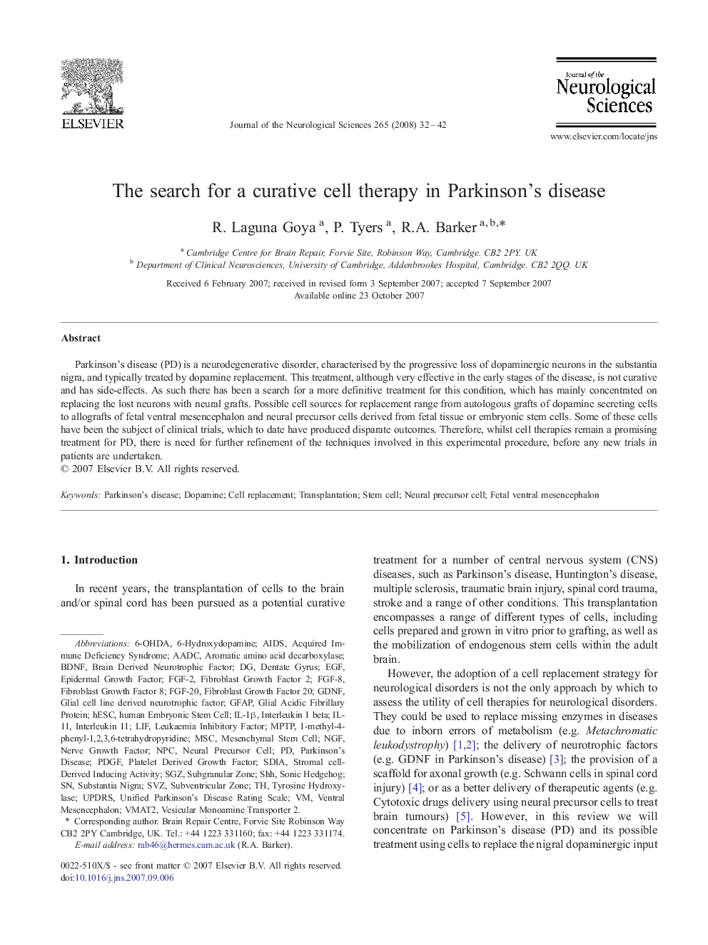 The search for a curative cell therapy in Parkinson's disease