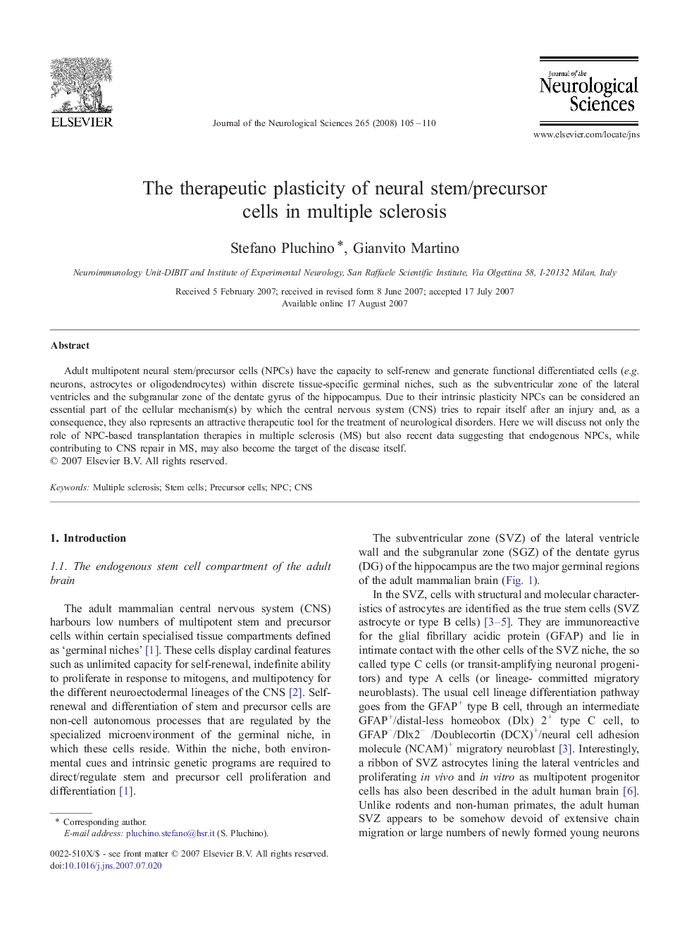 The therapeutic plasticity of neural stem/precursor cells in multiple sclerosis