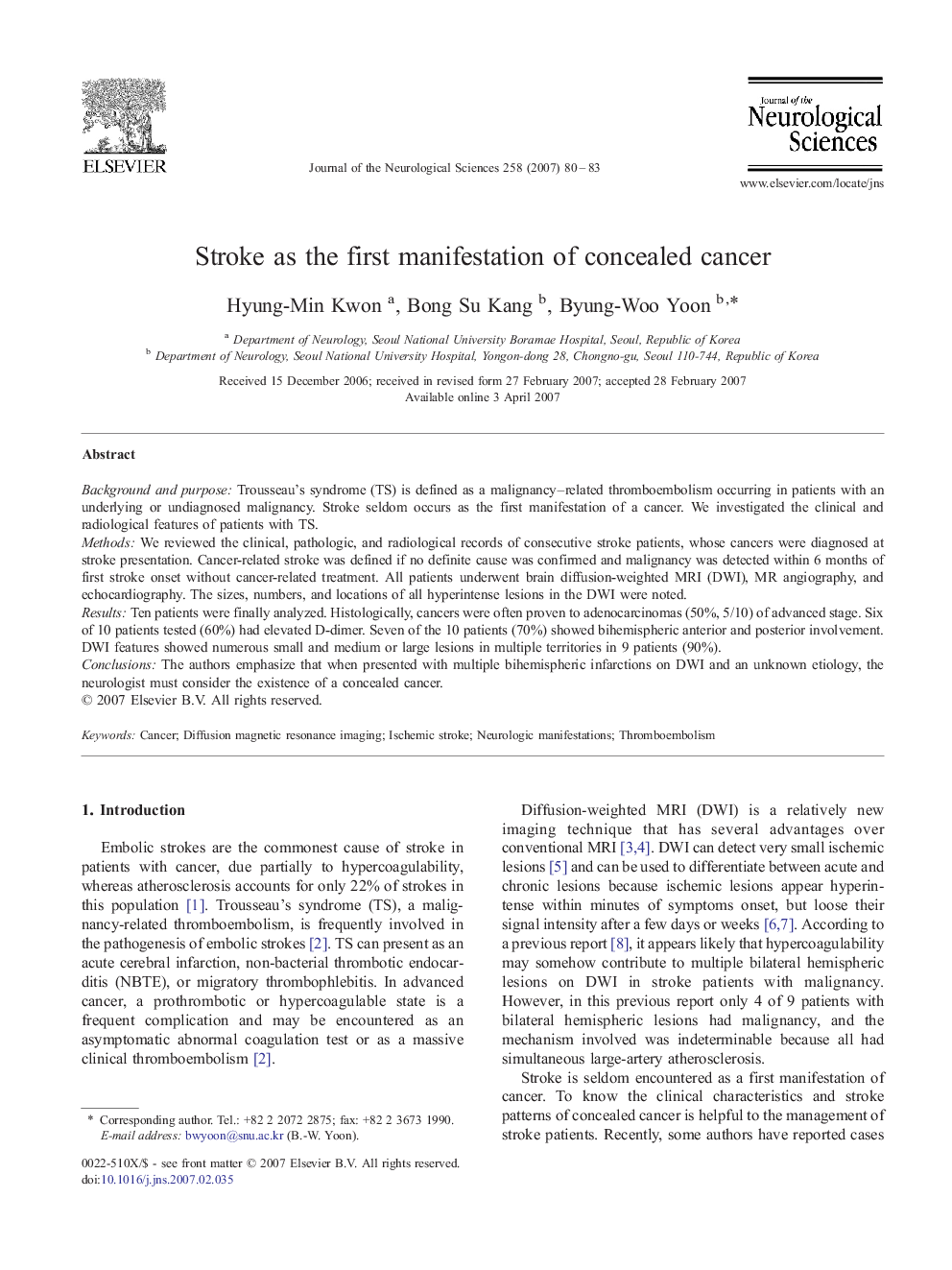 Stroke as the first manifestation of concealed cancer