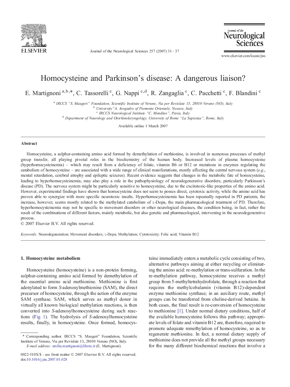 Homocysteine and Parkinson's disease: A dangerous liaison?