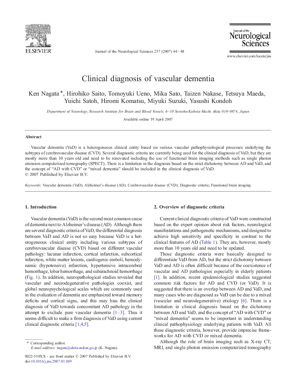 Clinical diagnosis of vascular dementia