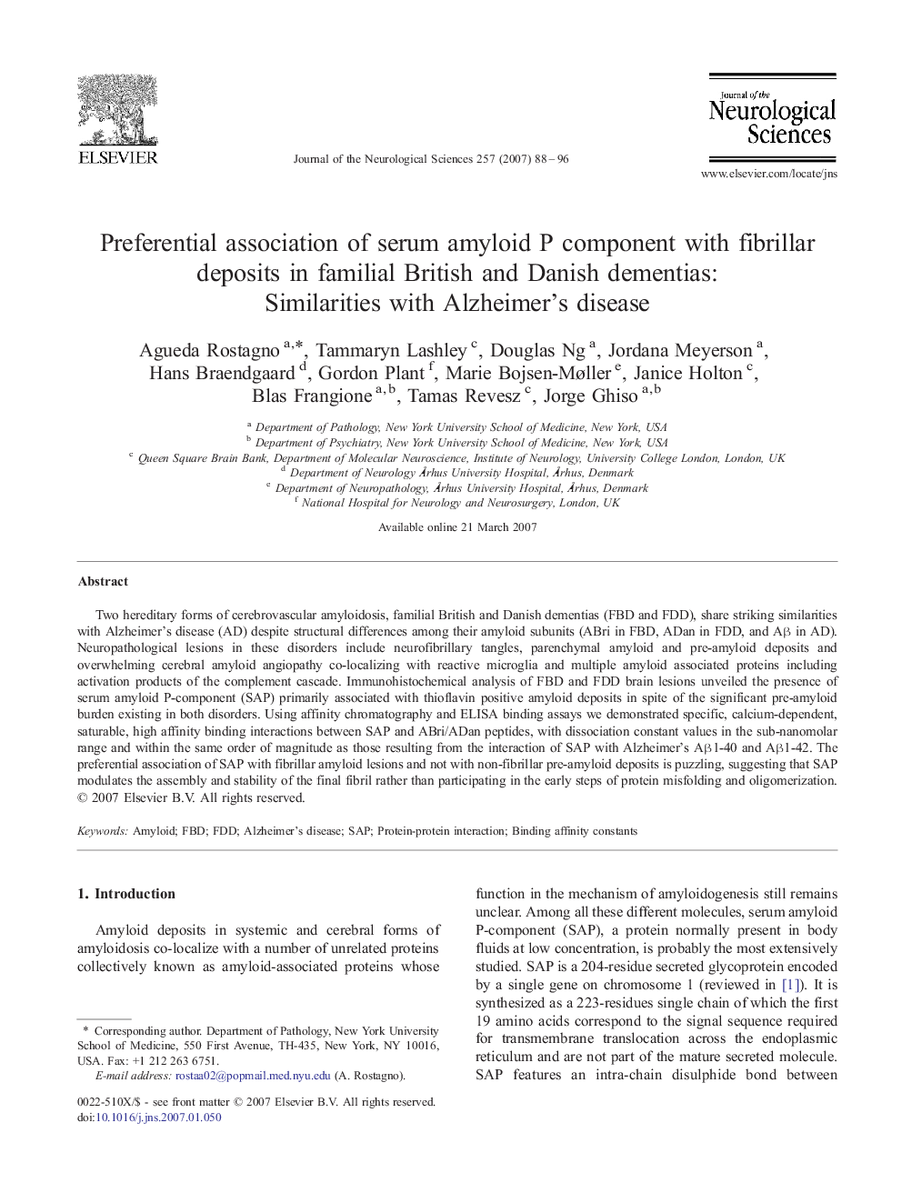 Preferential association of serum amyloid P component with fibrillar deposits in familial British and Danish dementias: Similarities with Alzheimer's disease