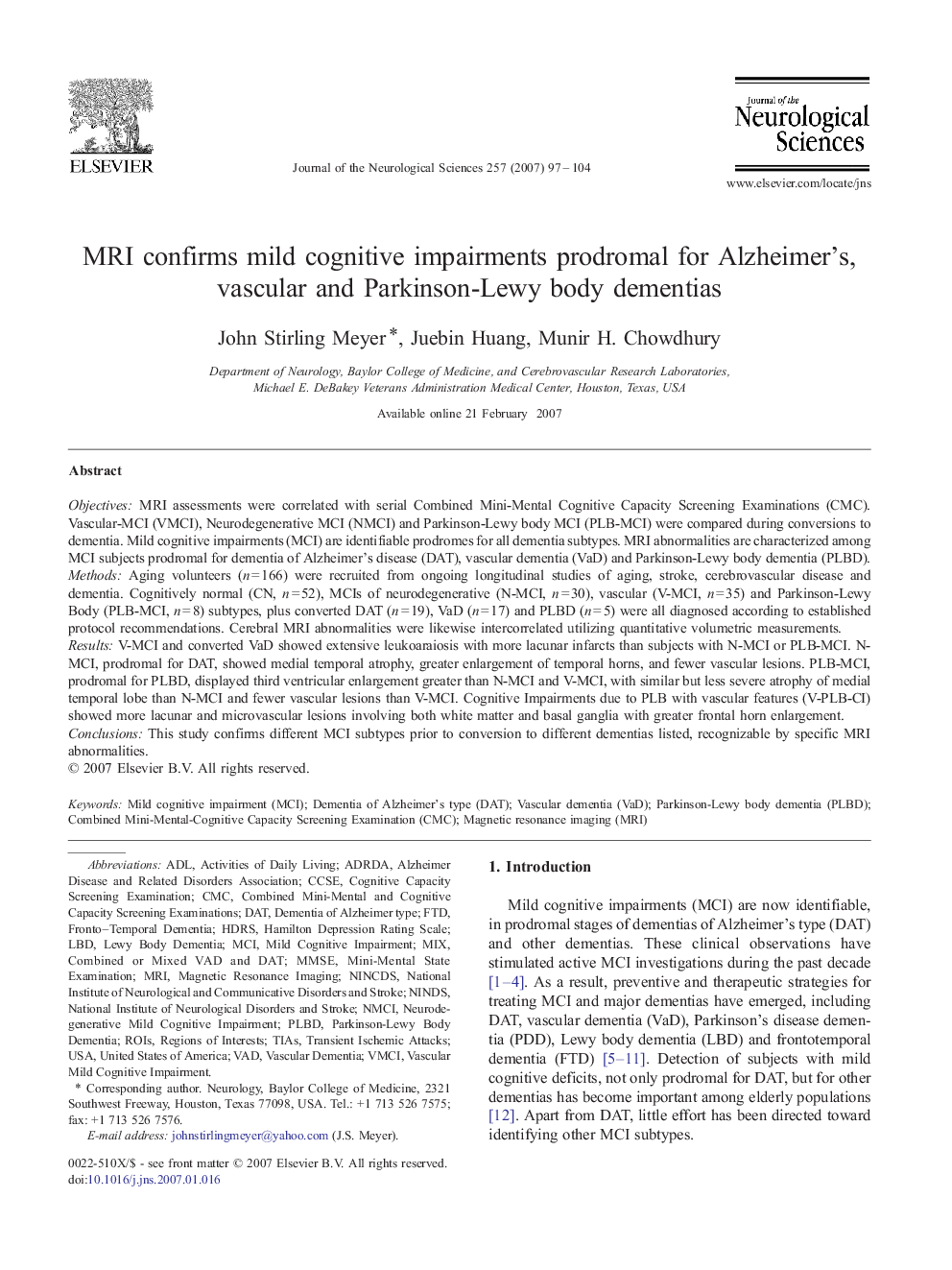 MRI confirms mild cognitive impairments prodromal for Alzheimer's, vascular and Parkinson-Lewy body dementias