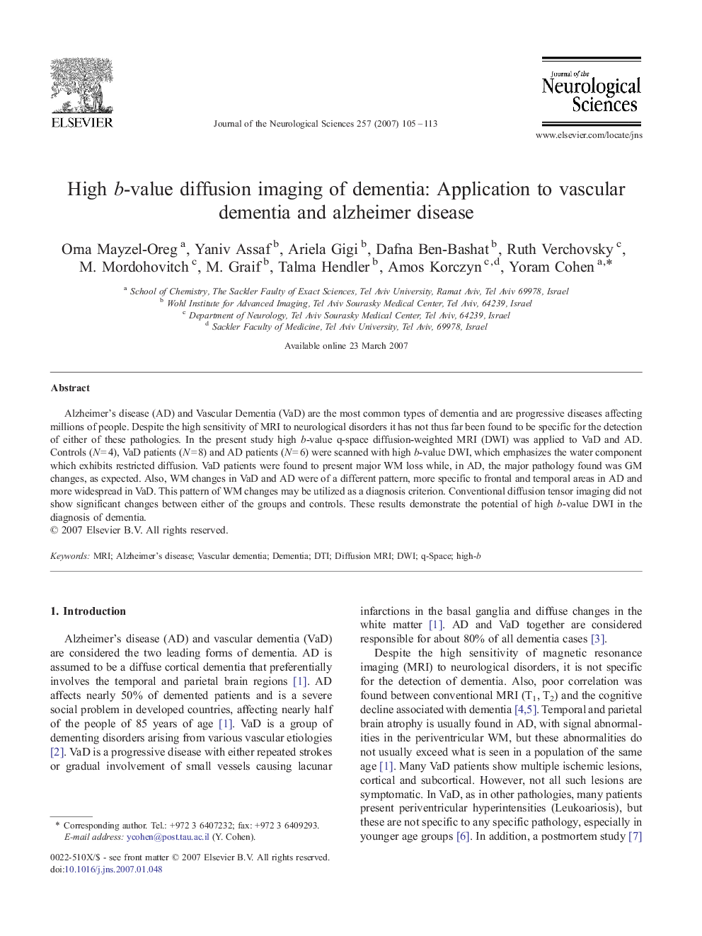 High b-value diffusion imaging of dementia: Application to vascular dementia and alzheimer disease