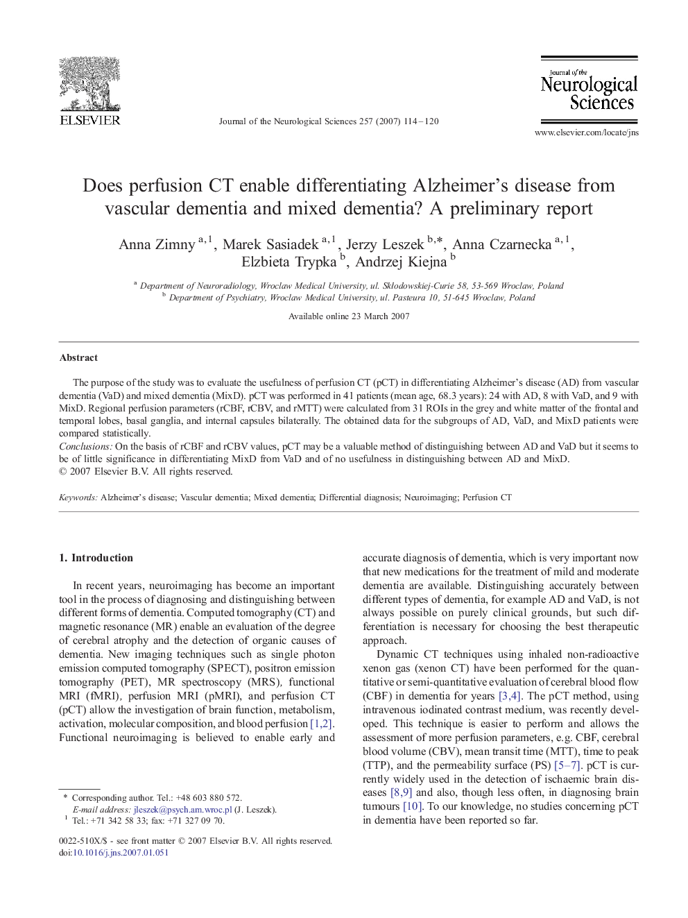 Does perfusion CT enable differentiating Alzheimer's disease from vascular dementia and mixed dementia? A preliminary report