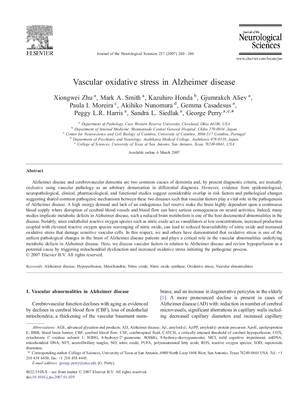 Vascular oxidative stress in Alzheimer disease