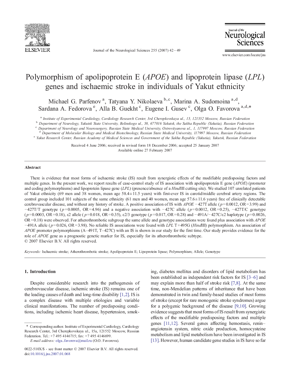 Polymorphism of apolipoprotein E (APOE) and lipoprotein lipase (LPL) genes and ischaemic stroke in individuals of Yakut ethnicity