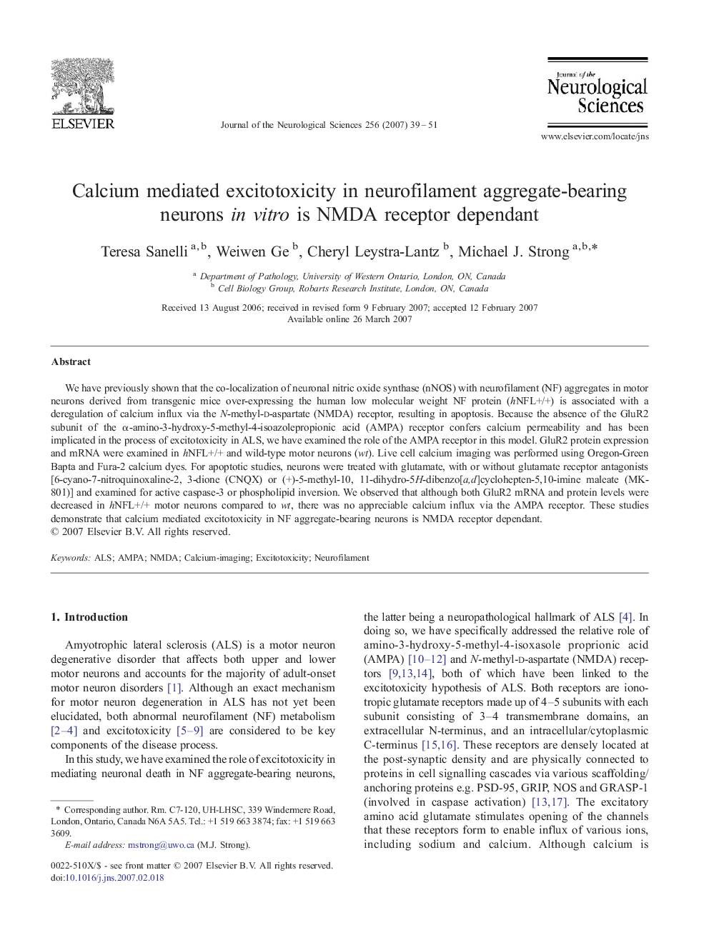 Calcium mediated excitotoxicity in neurofilament aggregate-bearing neurons in vitro is NMDA receptor dependant