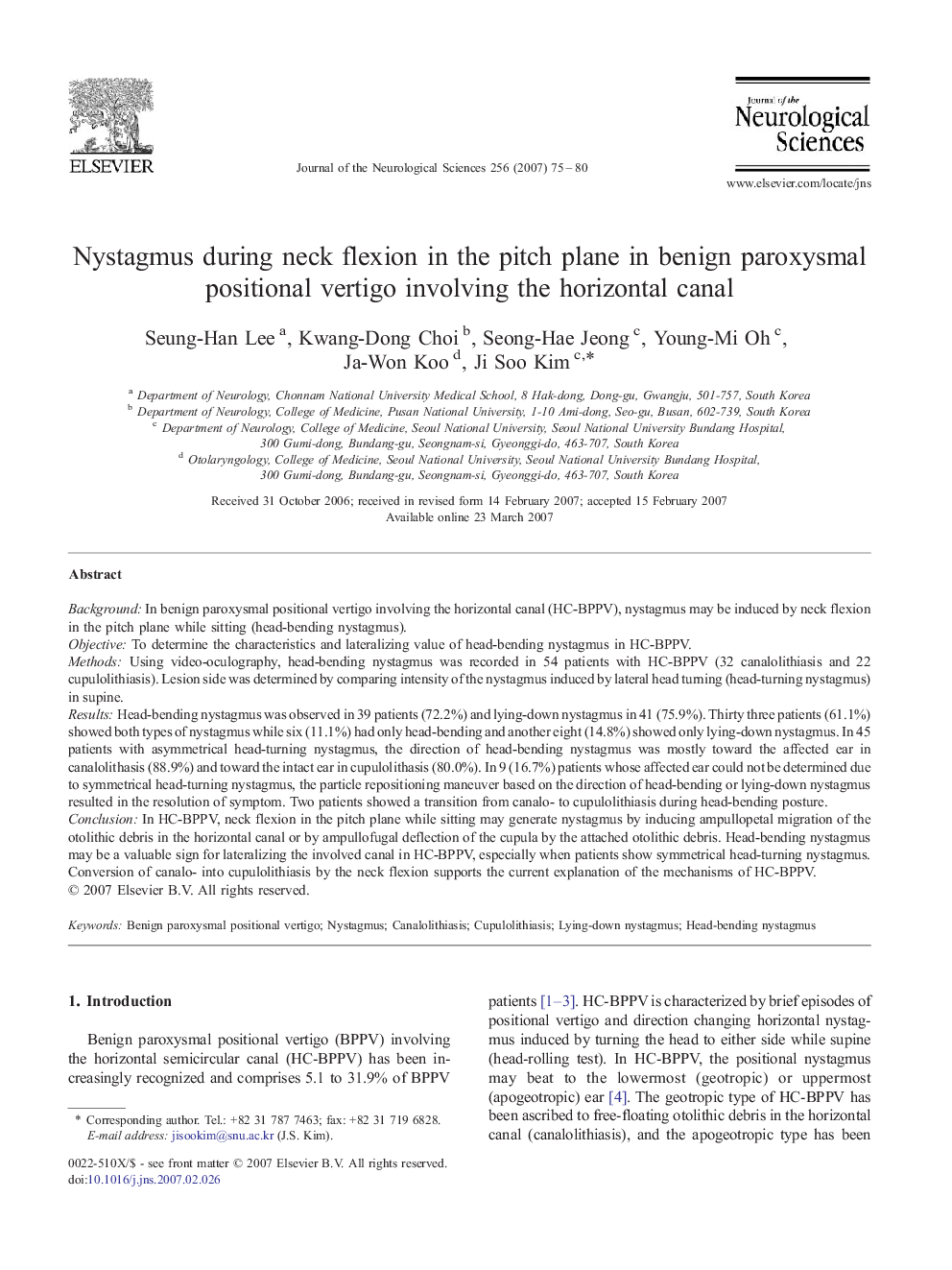 Nystagmus during neck flexion in the pitch plane in benign paroxysmal positional vertigo involving the horizontal canal