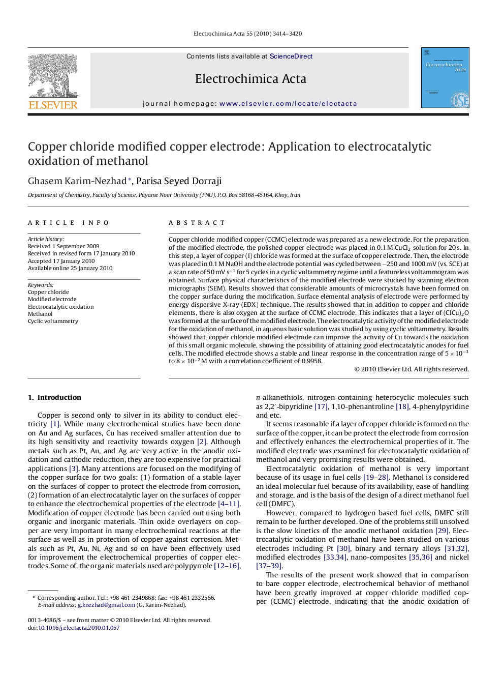 Copper chloride modified copper electrode: Application to electrocatalytic oxidation of methanol