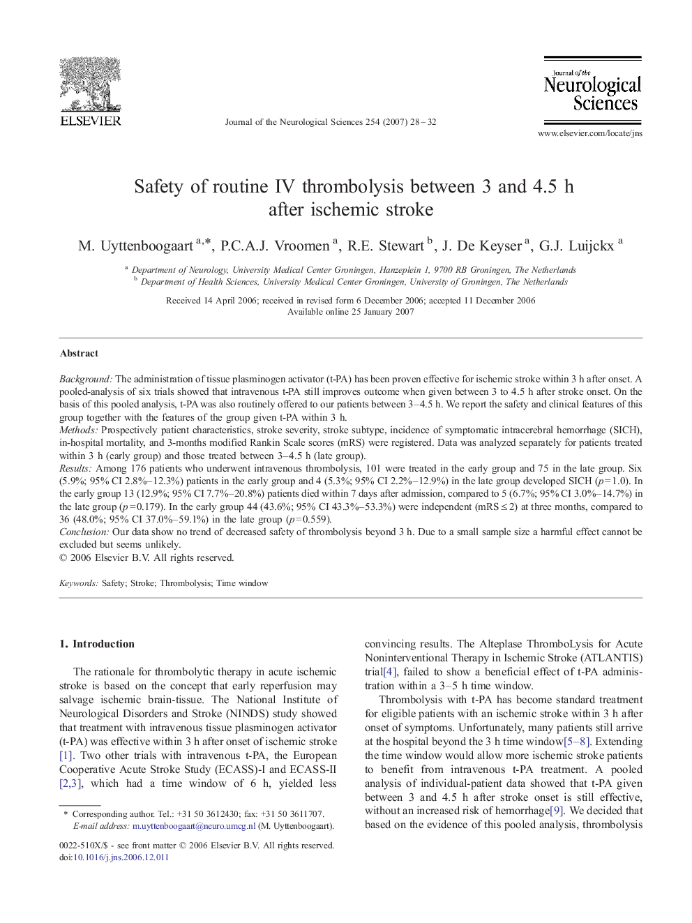 Safety of routine IV thrombolysis between 3 and 4.5Â h after ischemic stroke