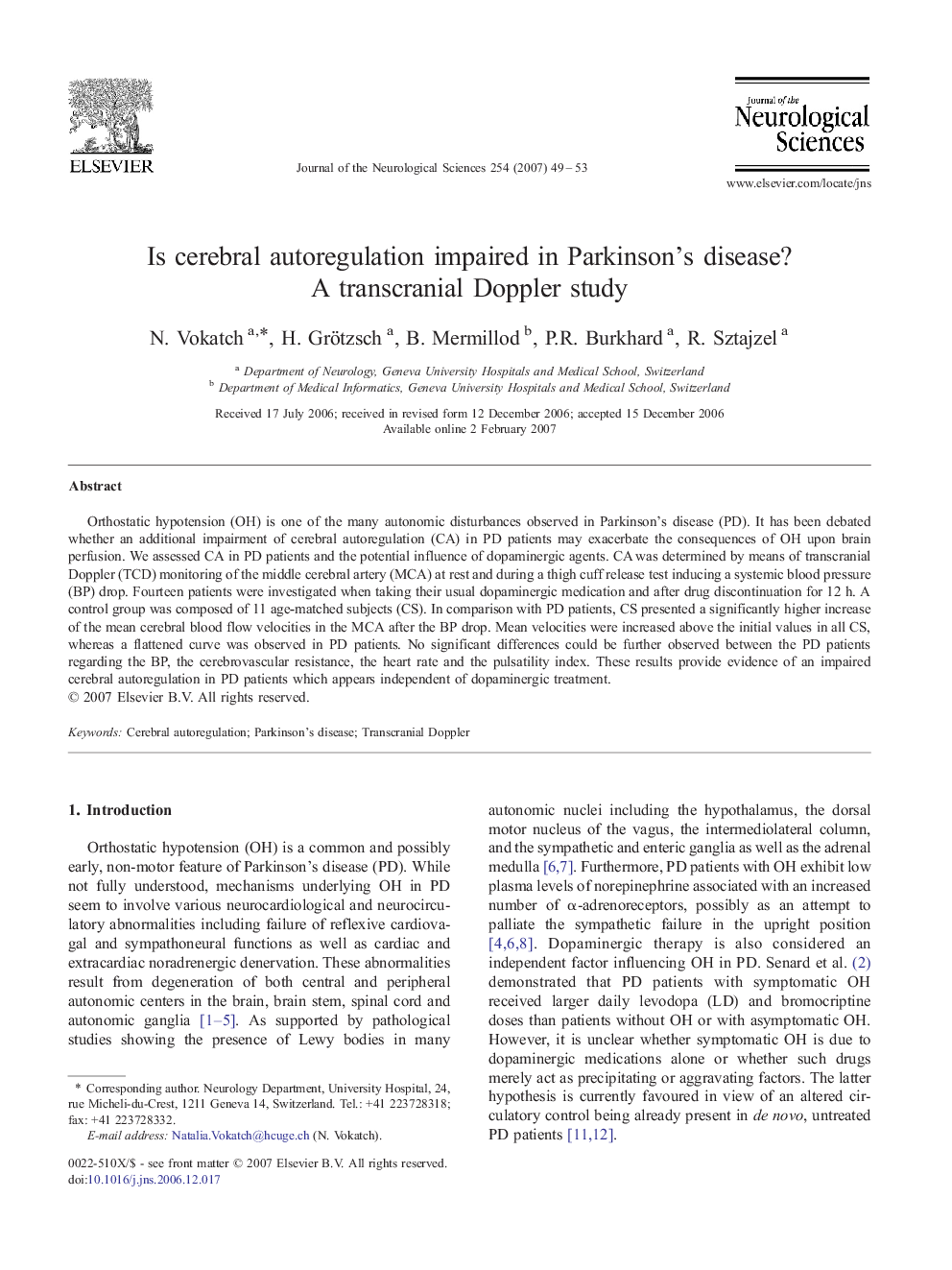 Is cerebral autoregulation impaired in Parkinson's disease? A transcranial Doppler study