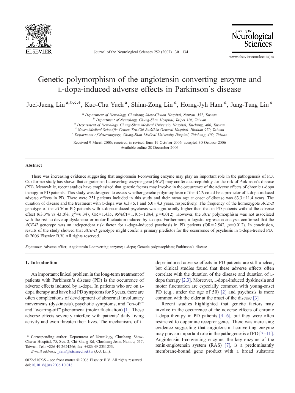 Genetic polymorphism of the angiotensin converting enzyme and l-dopa-induced adverse effects in Parkinson's disease