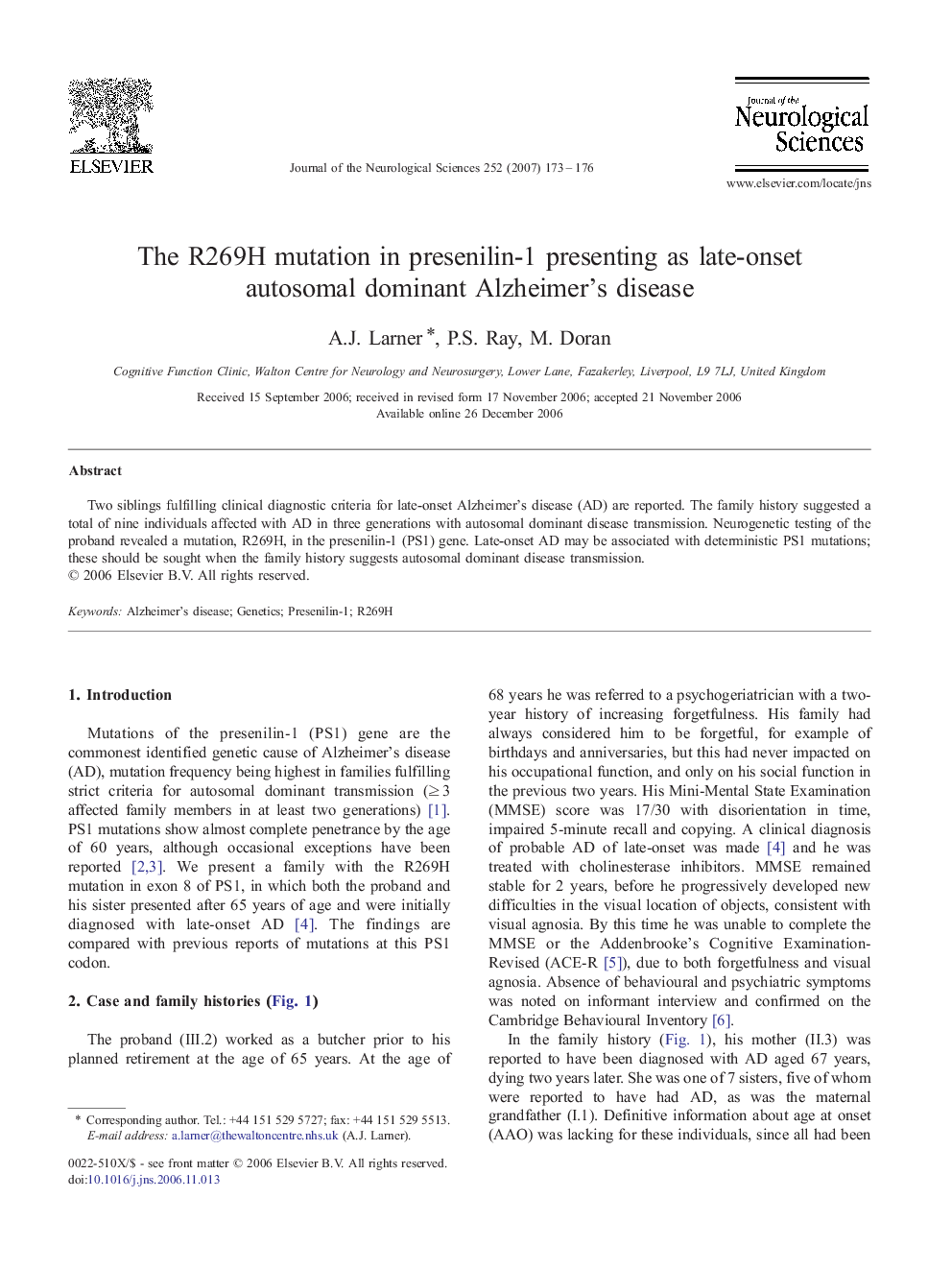 The R269H mutation in presenilin-1 presenting as late-onset autosomal dominant Alzheimer's disease