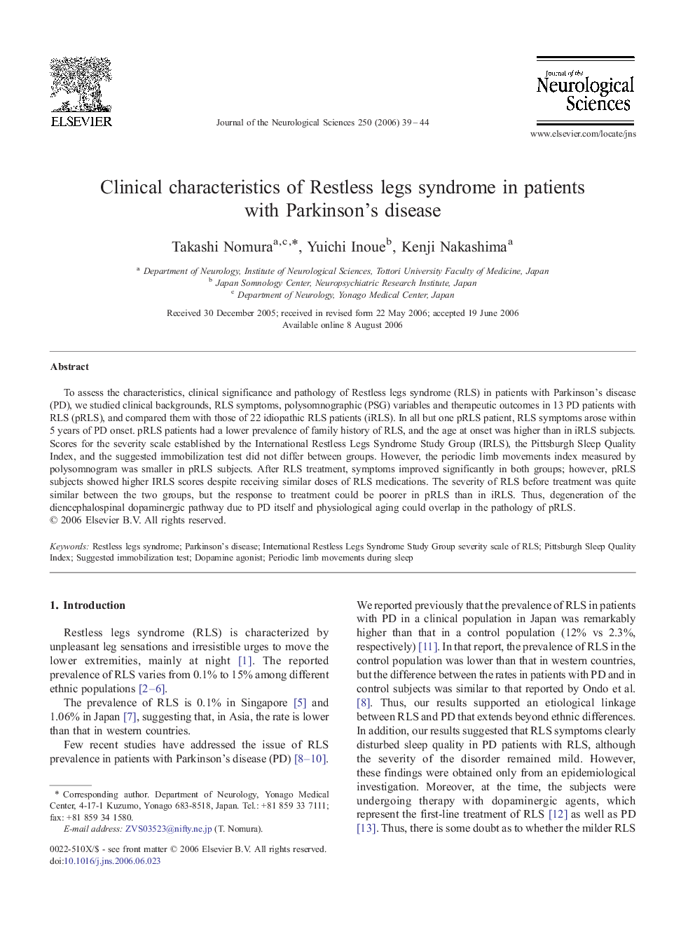 Clinical characteristics of Restless legs syndrome in patients with Parkinson's disease