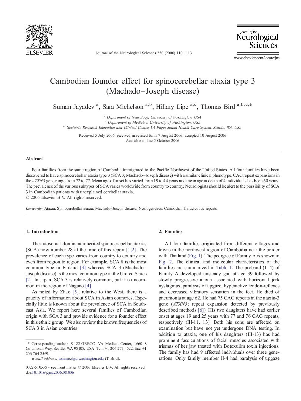 Cambodian founder effect for spinocerebellar ataxia type 3 (Machado-Joseph disease)