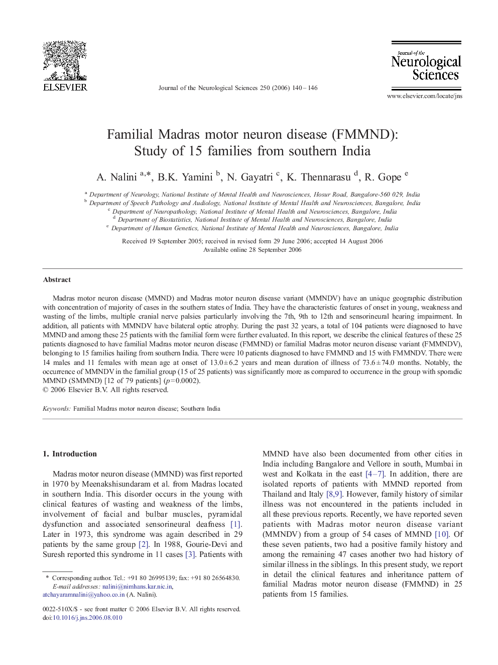 Familial Madras motor neuron disease (FMMND): Study of 15 families from southern India