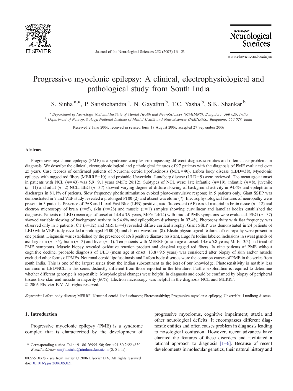 Progressive myoclonic epilepsy: A clinical, electrophysiological and pathological study from South India